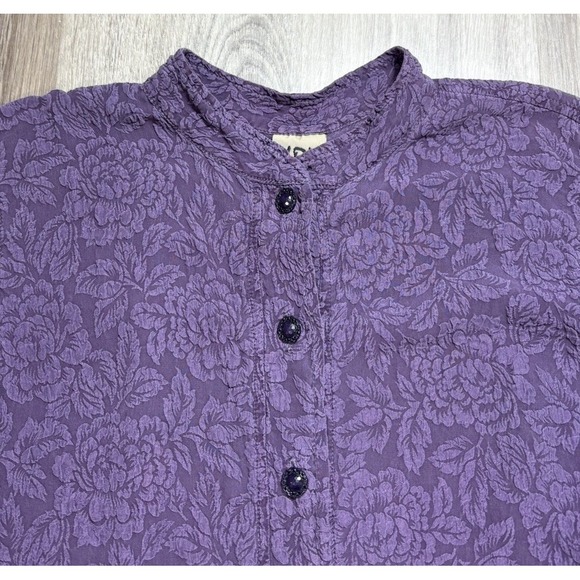 Uru 100% Silk Embossed Blouse Purple Button Down 3/4 Sleeve OS Boho Artsy Floral - Picture 2 of 10